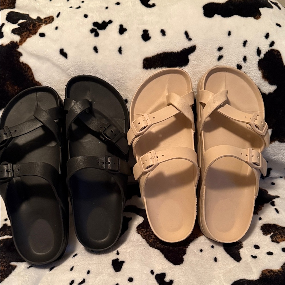 Black and Beige Double Strap Sandals